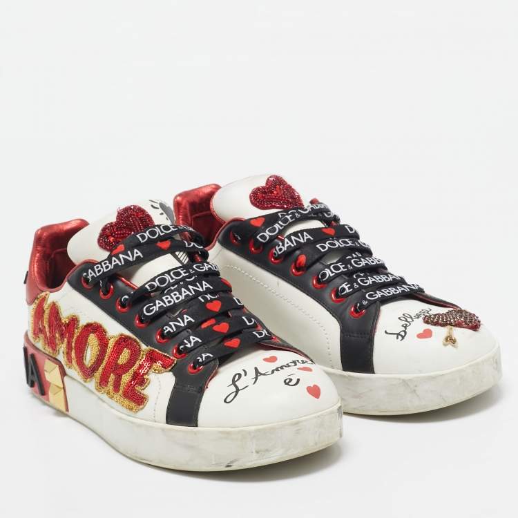 Pre Owned Dolce & Gabbana Multicolor Leather Amore Heart Embroidered Low Top Sneakers Size 38