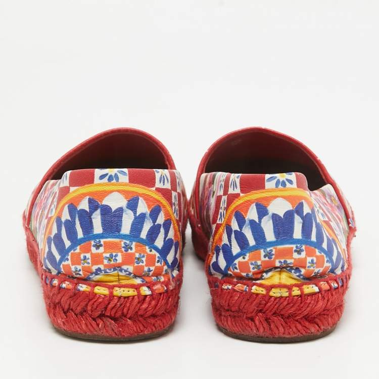 Pre Owned Dolce & Gabbana Multicolor Majolica Print Leather Slip On Espadrille Flats Size 36