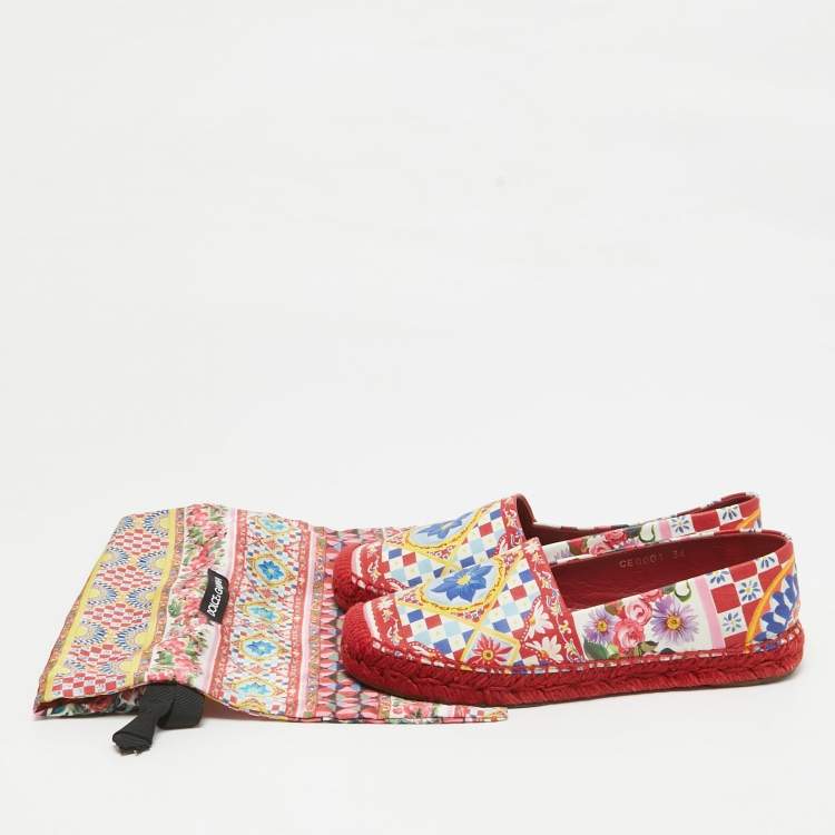 Pre Owned Dolce & Gabbana Multicolor Majolica Print Leather Slip On Espadrille Flats Size 36
