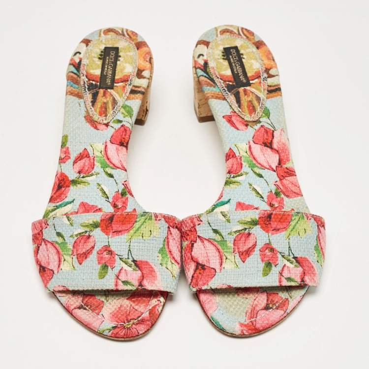 Pre Owned Dolce & Gabbana Multicolor Canvas Cork Heel Slide Sandals Size 40