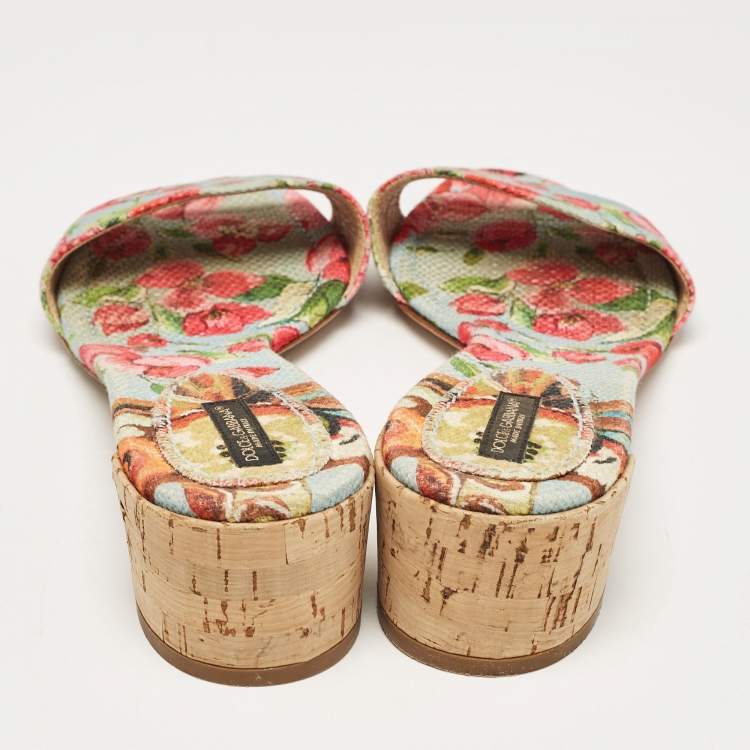 Pre Owned Dolce & Gabbana Multicolor Canvas Cork Heel Slide Sandals Size 40
