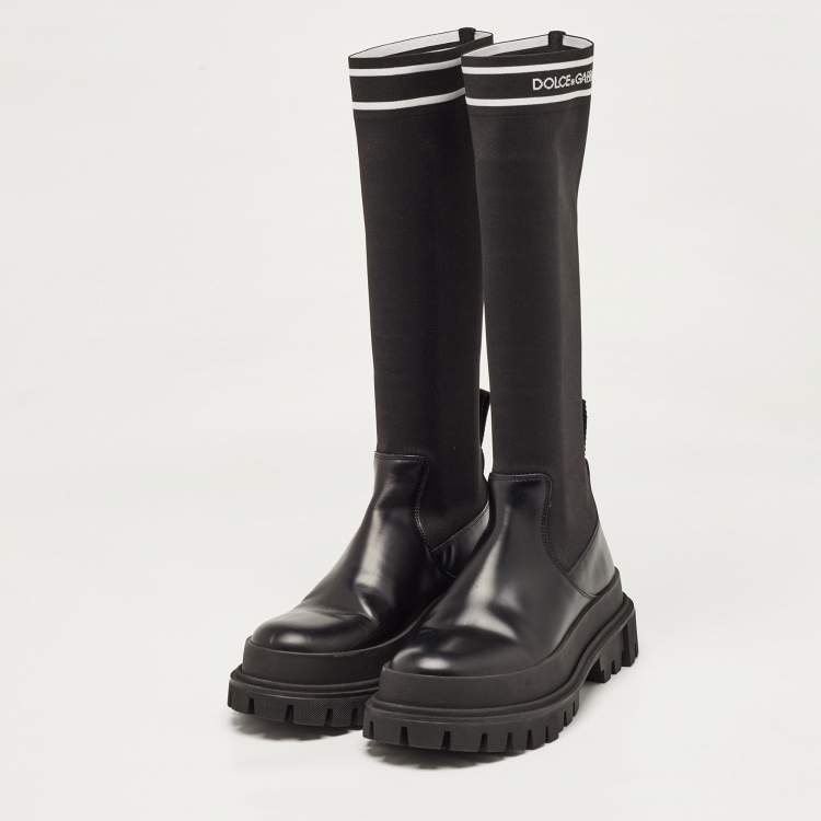 Pre Owned Dolce & Gabbana Black Leather and Stretch Fabric Knee Polyester Length Boots Size 40