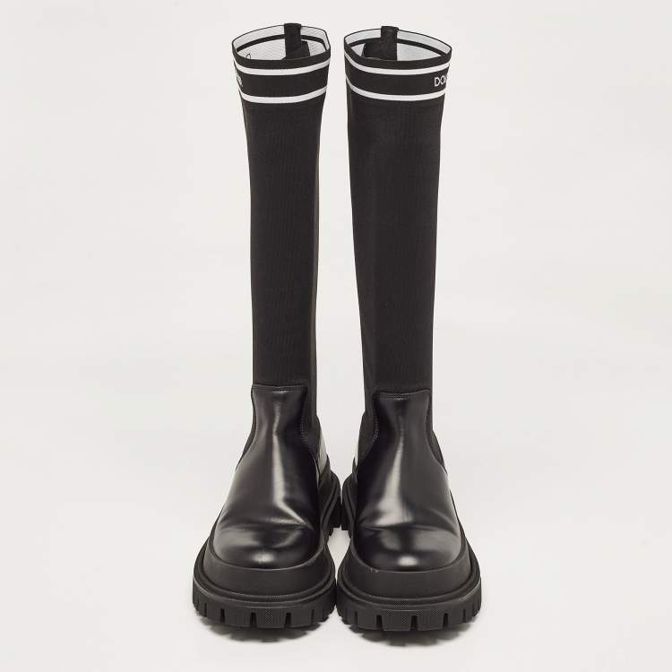 Pre Owned Dolce & Gabbana Black Leather and Stretch Fabric Knee Polyester Length Boots Size 40