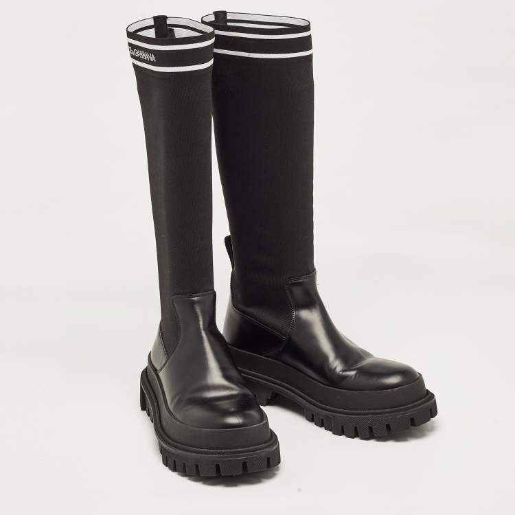 Pre Owned Dolce & Gabbana Black Leather and Stretch Fabric Knee Polyester Length Boots Size 40