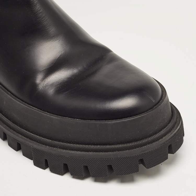 Pre Owned Dolce & Gabbana Black Leather and Stretch Fabric Knee Polyester Length Boots Size 40