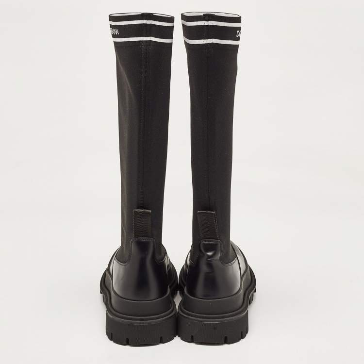 Pre Owned Dolce & Gabbana Black Leather and Stretch Fabric Knee Polyester Length Boots Size 40