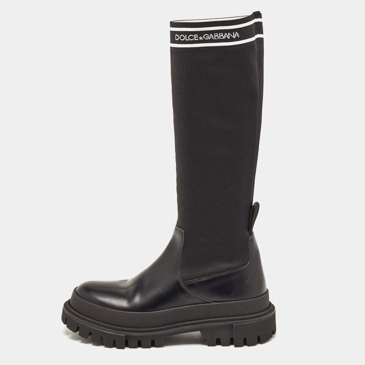 Pre Owned Dolce & Gabbana Black Leather and Stretch Fabric Knee Polyester Length Boots Size 40