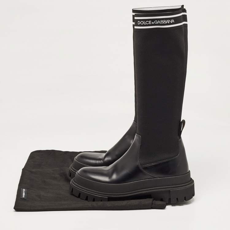 Pre Owned Dolce & Gabbana Black Leather and Stretch Fabric Knee Polyester Length Boots Size 40