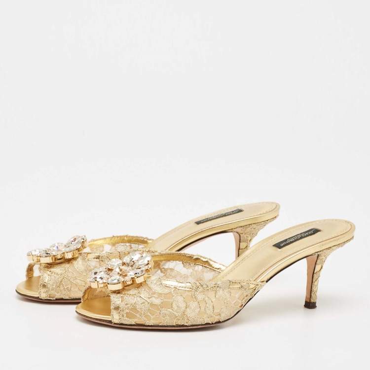 Pre Owned Dolce & Gabbana Gold Lace Taormina Slide Sandals Size 39