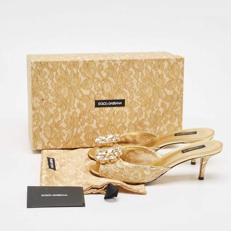 Pre Owned Dolce & Gabbana Gold Lace Taormina Slide Sandals Size 39