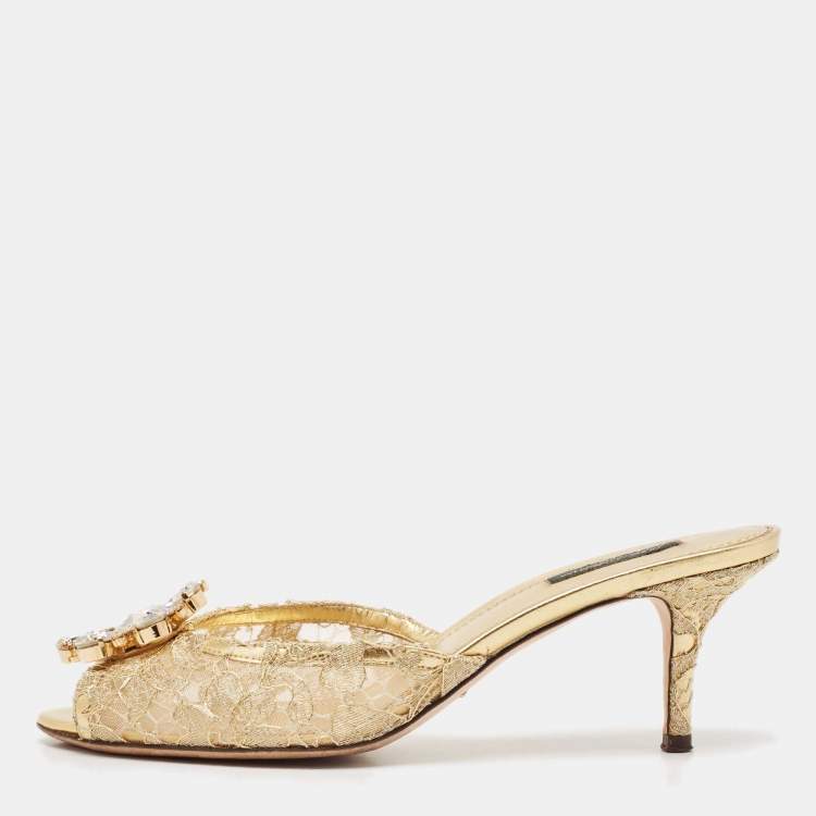 Pre Owned Dolce & Gabbana Gold Lace Taormina Slide Sandals Size 39