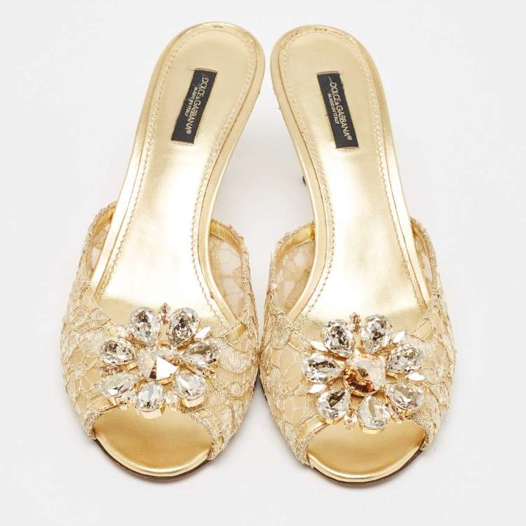 Pre Owned Dolce & Gabbana Gold Lace Taormina Slide Sandals Size 39