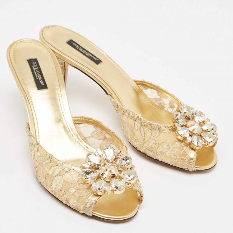 Pre Owned Dolce & Gabbana Gold Lace Taormina Slide Sandals Size 39
