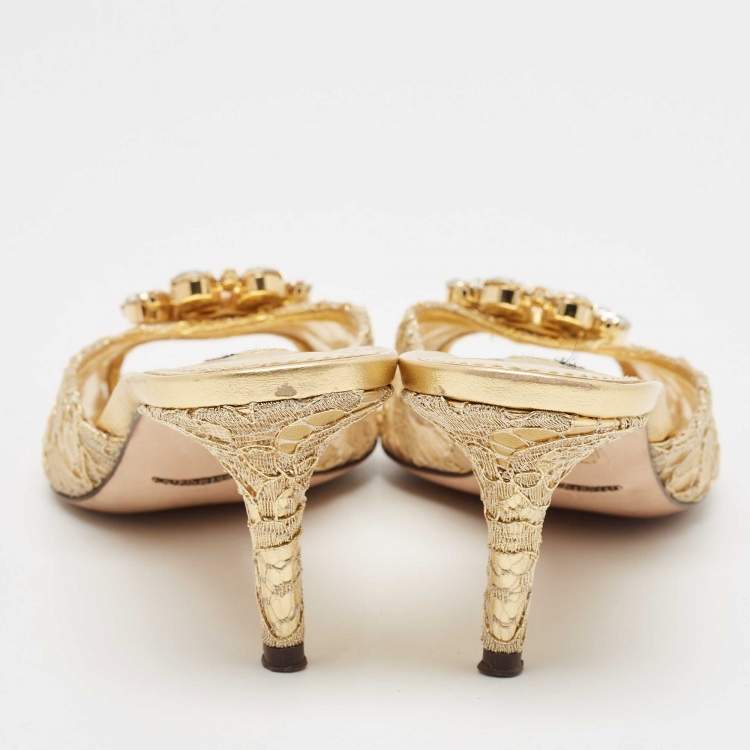 Pre Owned Dolce & Gabbana Gold Lace Taormina Slide Sandals Size 39