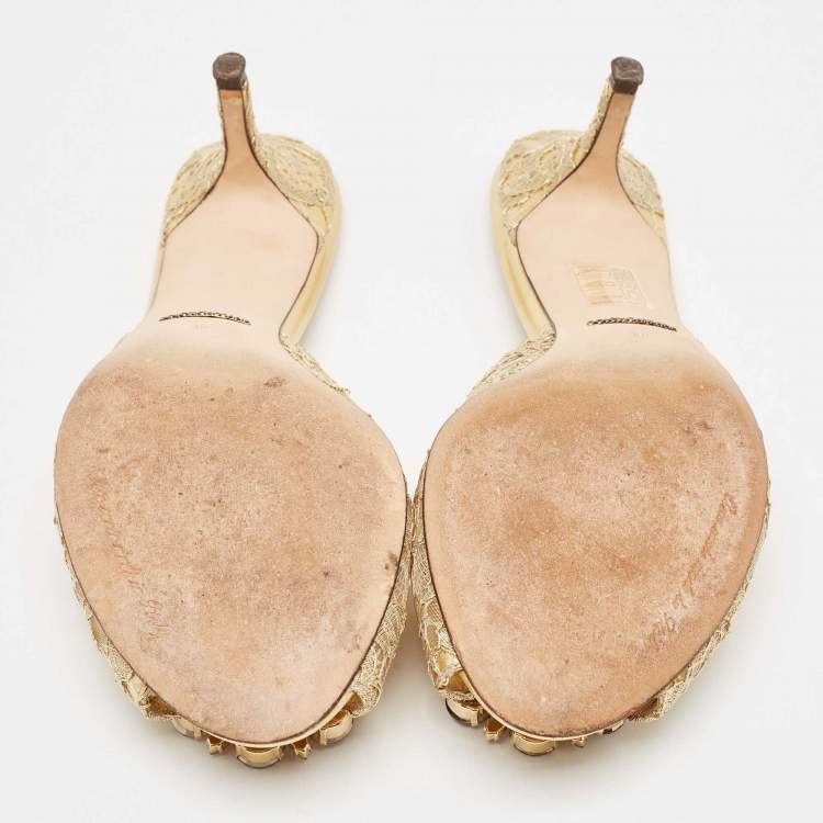 Pre Owned Dolce & Gabbana Gold Lace Taormina Slide Sandals Size 39