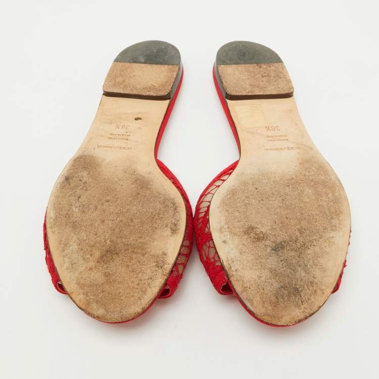 Pre Owned Dolce & Gabbana Red Lace Crystal Embellished Flat Slides Size 38.5
