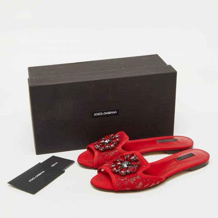 Pre Owned Dolce & Gabbana Red Lace Crystal Embellished Flat Slides Size 38.5