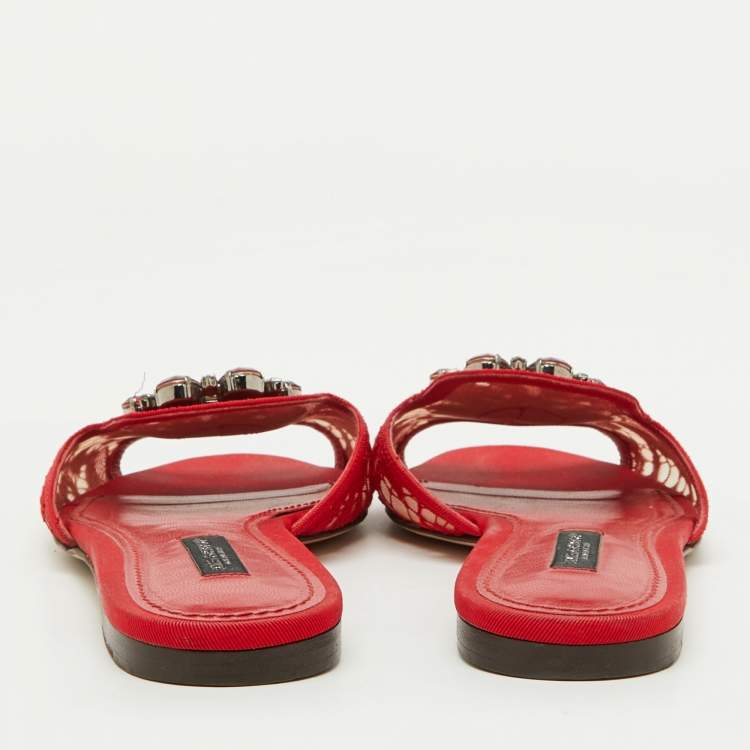 Pre Owned Dolce & Gabbana Red Lace Crystal Embellished Flat Slides Size 38.5