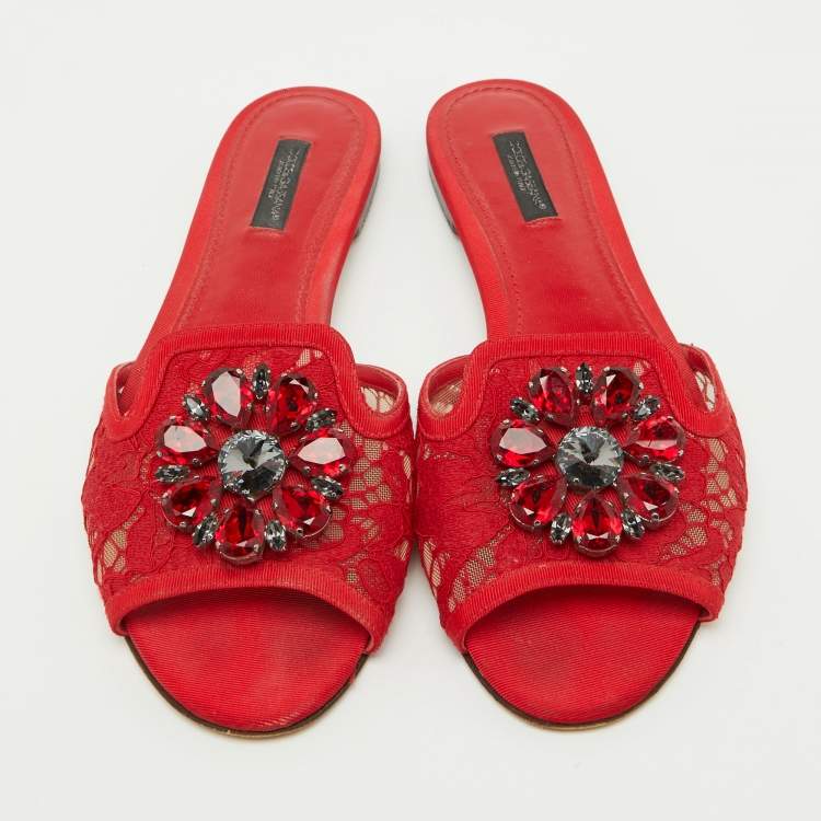 Pre Owned Dolce & Gabbana Red Lace Crystal Embellished Flat Slides Size 38.5