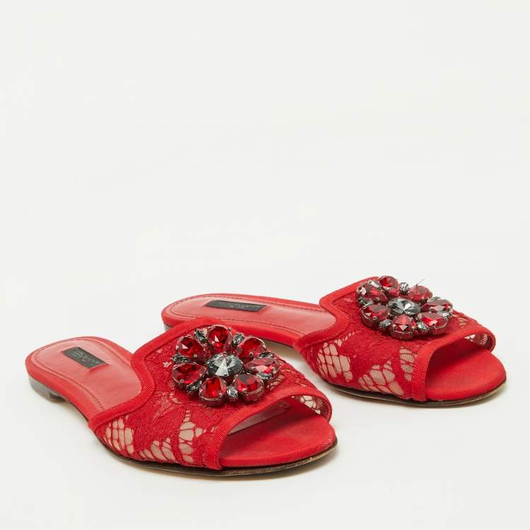 Pre Owned Dolce & Gabbana Red Lace Crystal Embellished Flat Slides Size 38.5