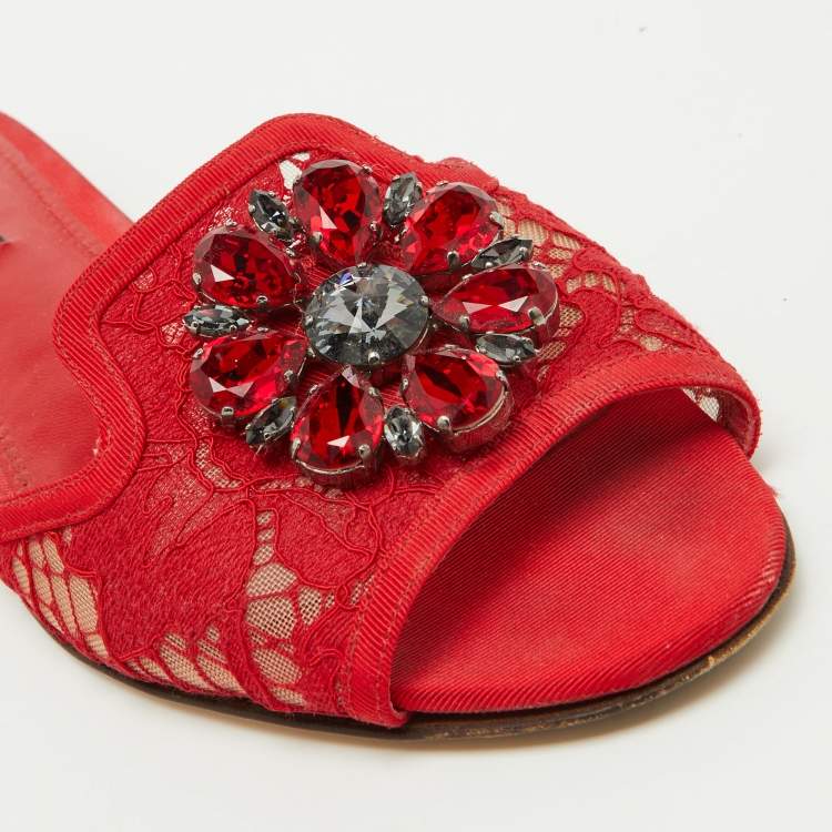 Pre Owned Dolce & Gabbana Red Lace Crystal Embellished Flat Slides Size 38.5