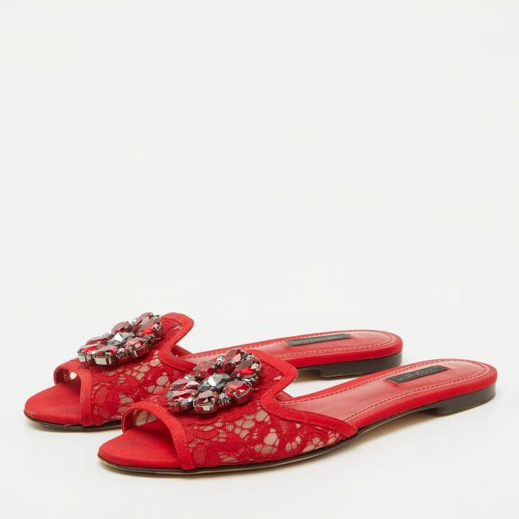 Pre Owned Dolce & Gabbana Red Lace Crystal Embellished Flat Slides Size 38.5