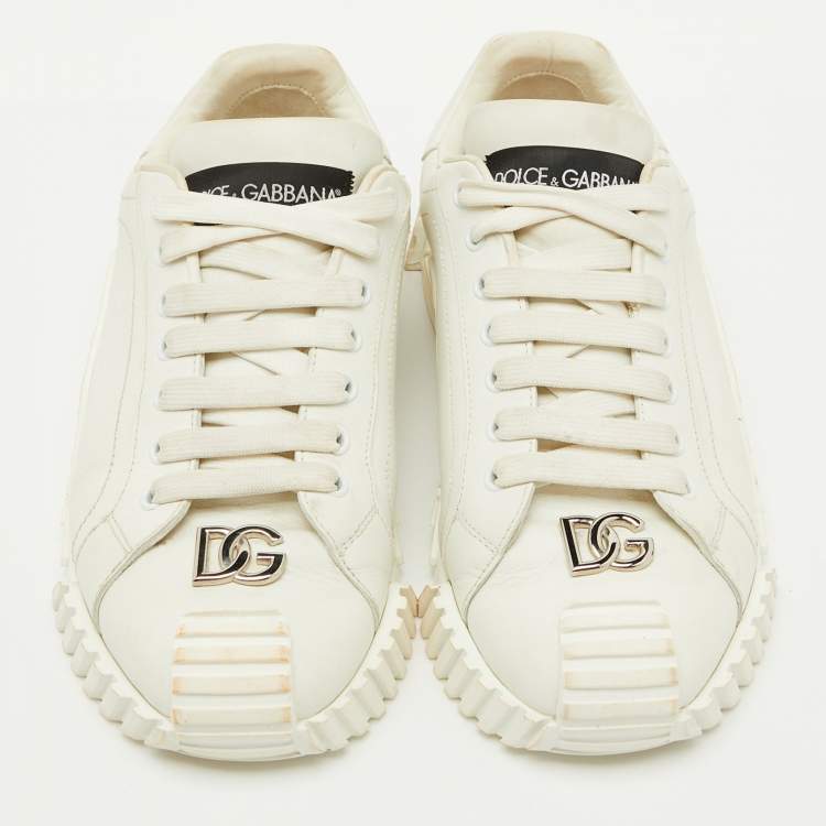 Pre Owned Dolce & Gabbana White Leather Logo Lettering Low Top Sneakers Size 40