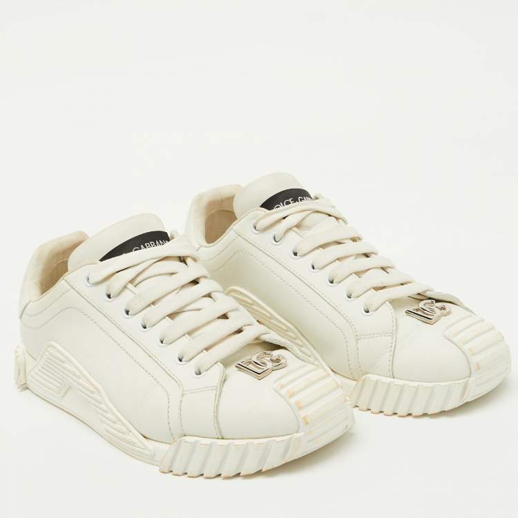 Pre Owned Dolce & Gabbana White Leather Logo Lettering Low Top Sneakers Size 40