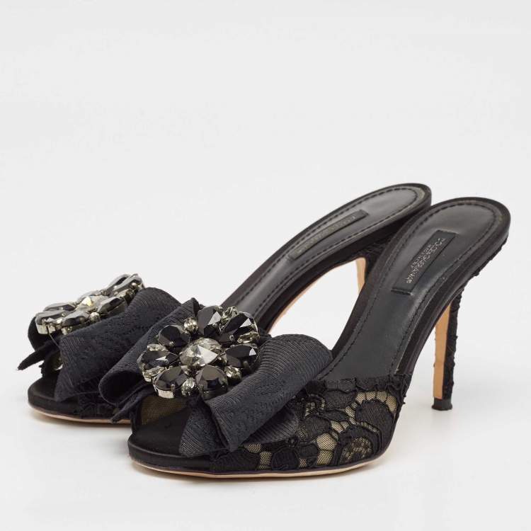 Pre Owned Dolce & Gabbana Black Lace Crystal Bow Taormina Mules Size 37