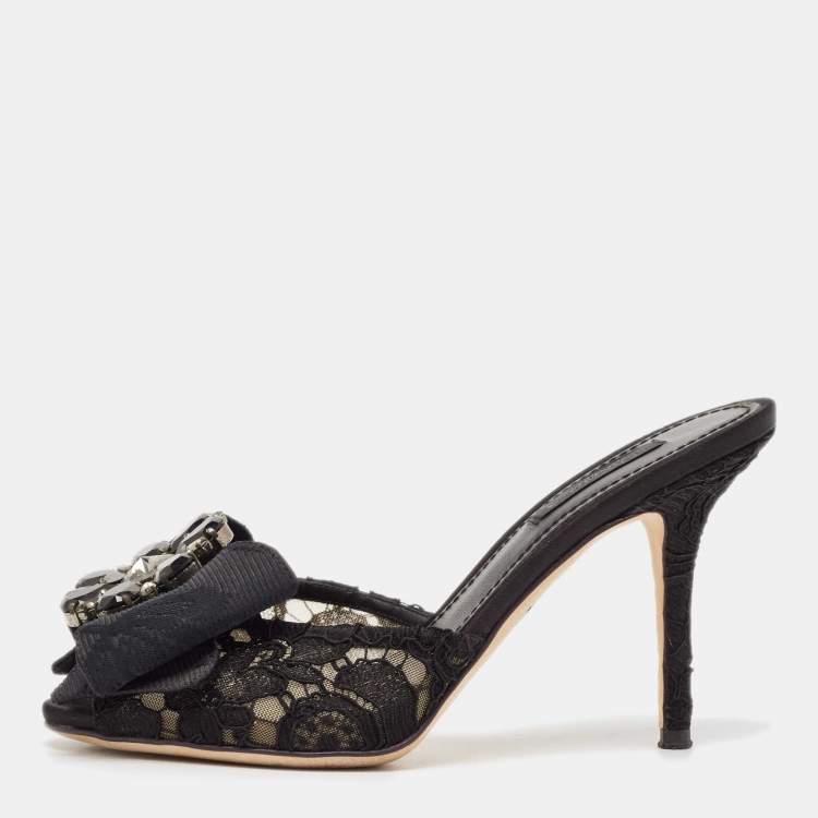 Pre Owned Dolce & Gabbana Black Lace Crystal Bow Taormina Mules Size 37