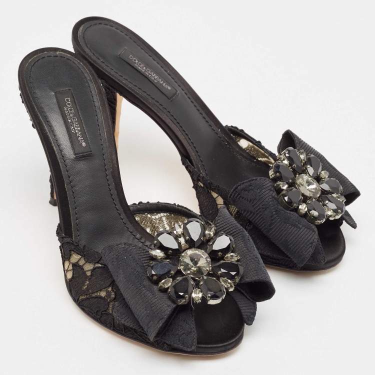 Pre Owned Dolce & Gabbana Black Lace Crystal Bow Taormina Mules Size 37