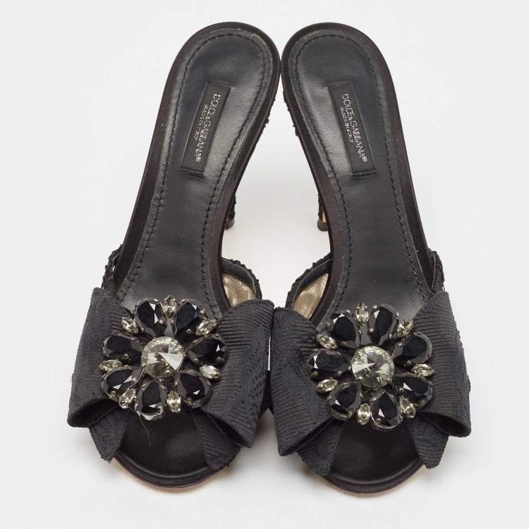 Pre Owned Dolce & Gabbana Black Lace Crystal Bow Taormina Mules Size 37