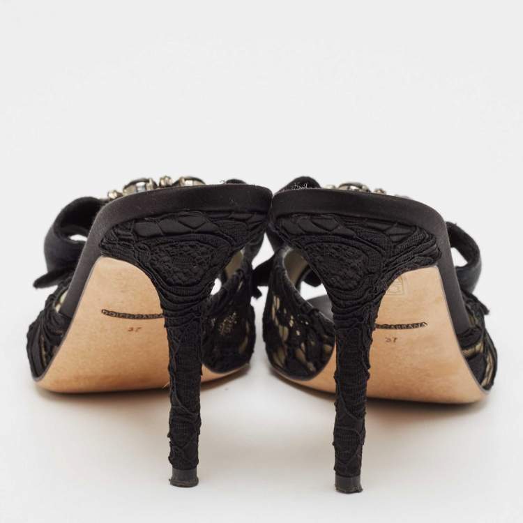 Pre Owned Dolce & Gabbana Black Lace Crystal Bow Taormina Mules Size 37