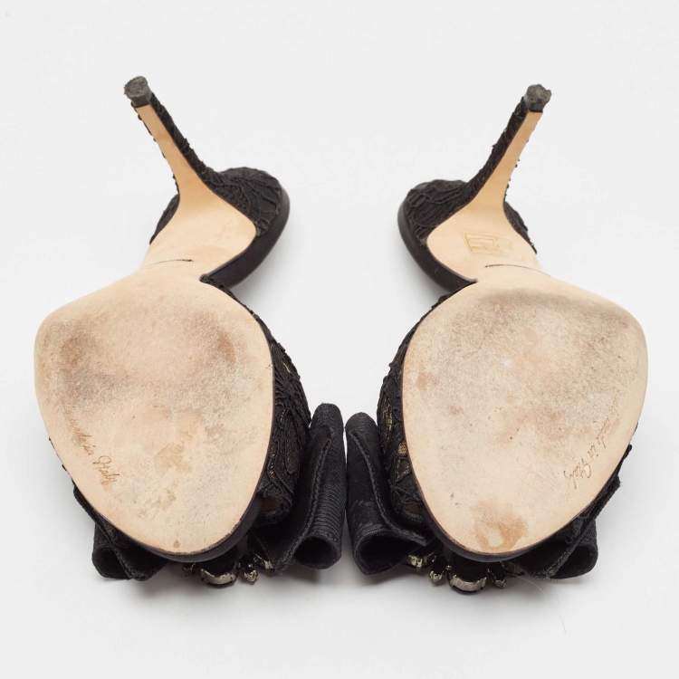 Pre Owned Dolce & Gabbana Black Lace Crystal Bow Taormina Mules Size 37