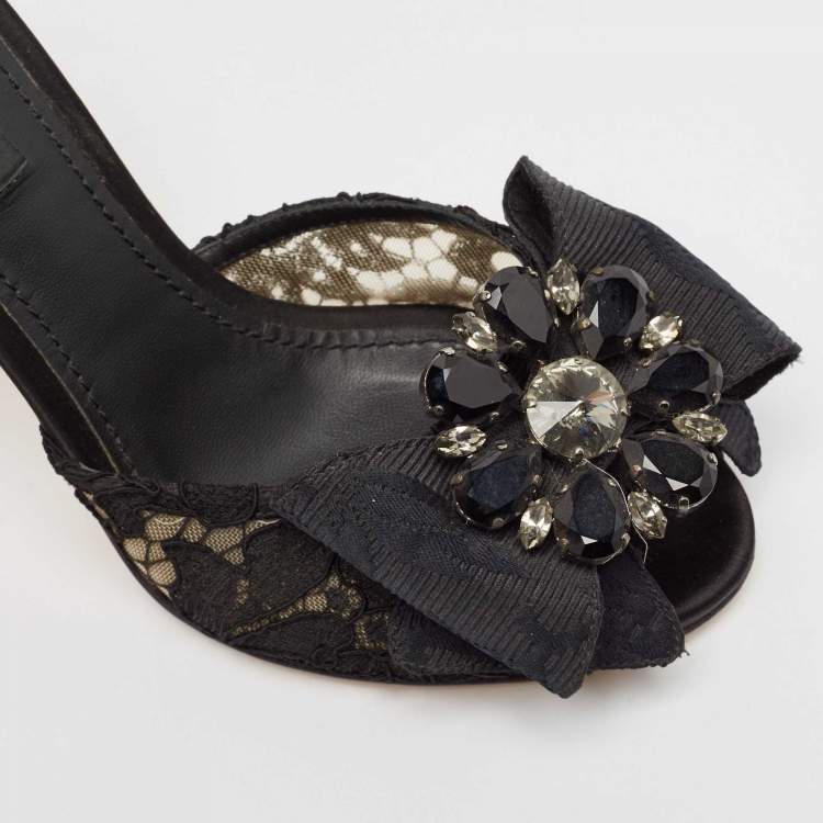 Pre Owned Dolce & Gabbana Black Lace Crystal Bow Taormina Mules Size 37