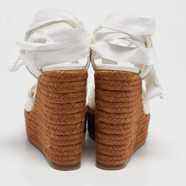 Pre Owned Dolce & Gabbana White Lace and Canvas Espadrille Platform Wedge Sandals Size 37