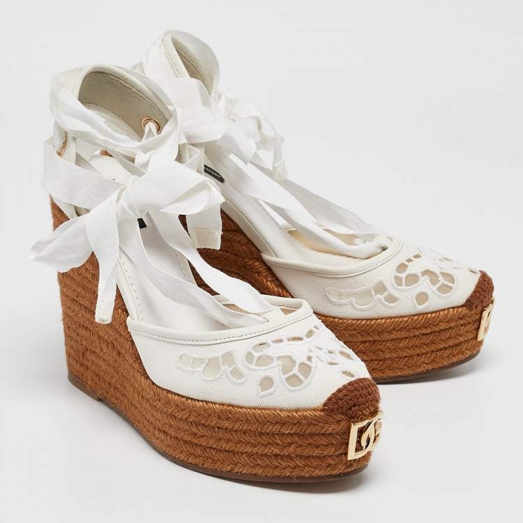 Pre Owned Dolce & Gabbana White Lace and Canvas Espadrille Platform Wedge Sandals Size 37