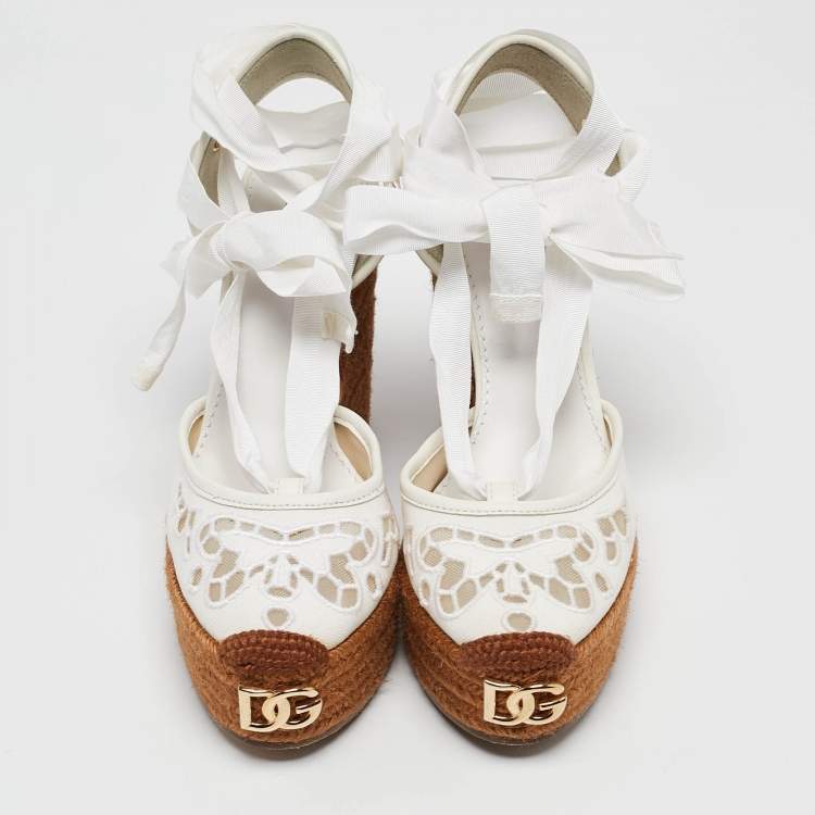 Pre Owned Dolce & Gabbana White Lace and Canvas Espadrille Platform Wedge Sandals Size 37
