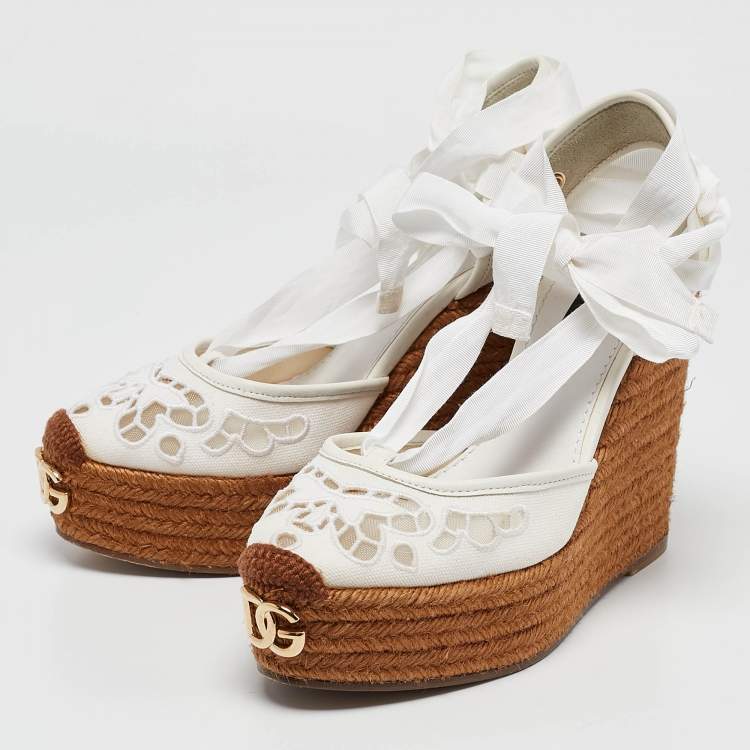 Pre Owned Dolce & Gabbana White Lace and Canvas Espadrille Platform Wedge Sandals Size 37