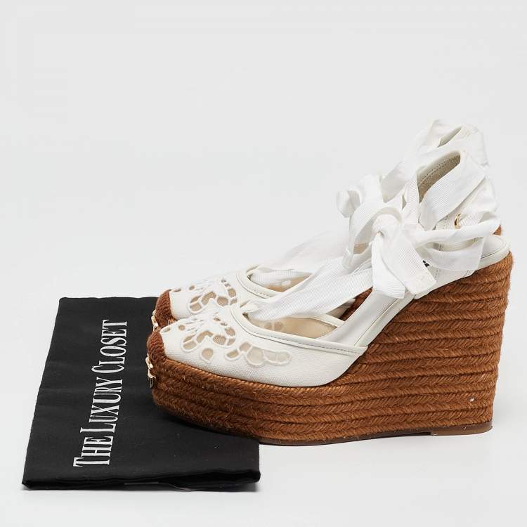 Pre Owned Dolce & Gabbana White Lace and Canvas Espadrille Platform Wedge Sandals Size 37