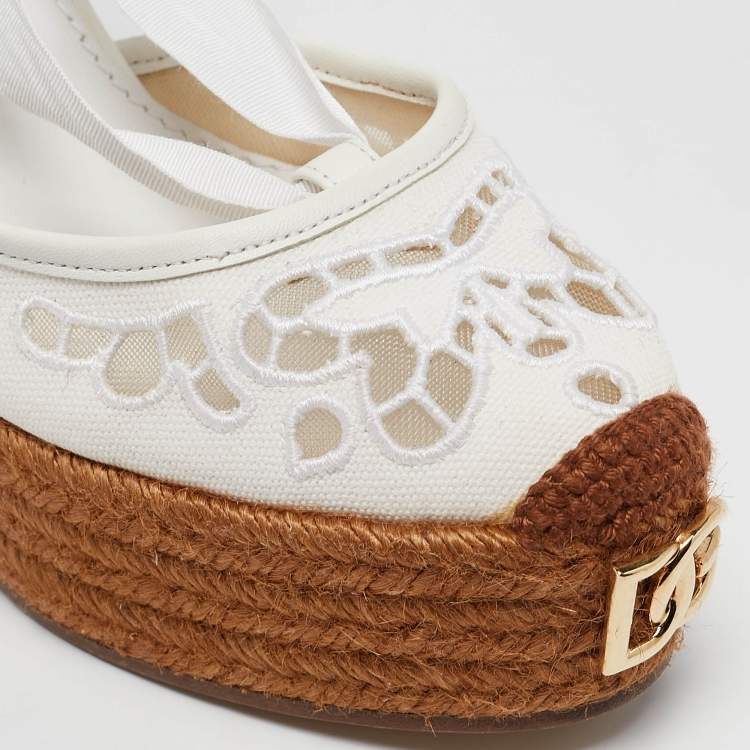 Pre Owned Dolce & Gabbana White Lace and Canvas Espadrille Platform Wedge Sandals Size 37
