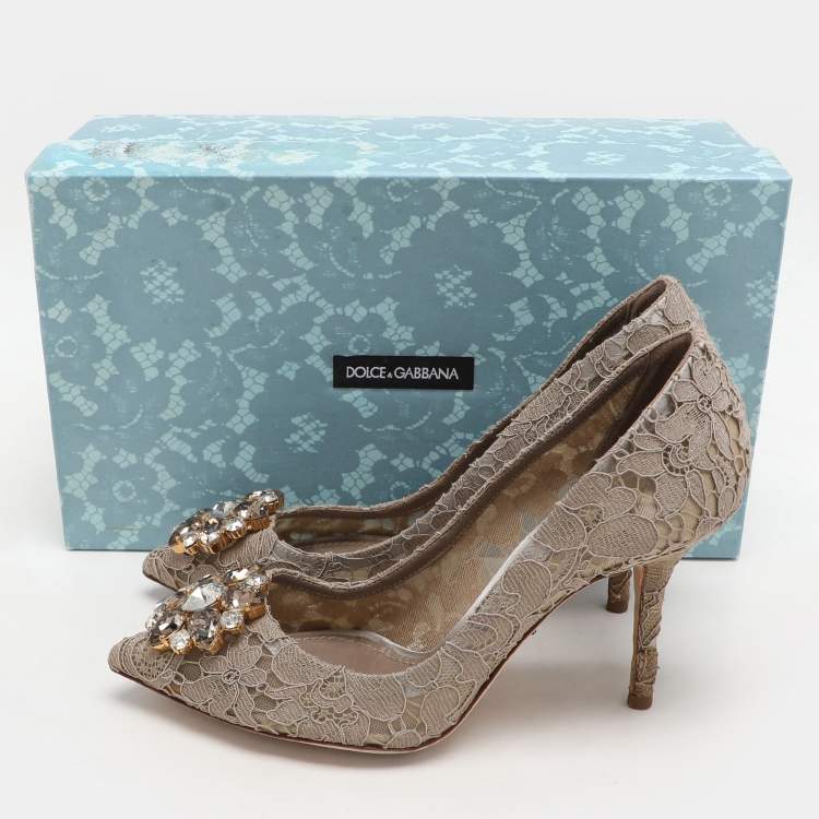 Pre Owned Dolce & Gabbana Beige Lace Bellucci Crystal Embellished Pointed Toe Pumps Size 38