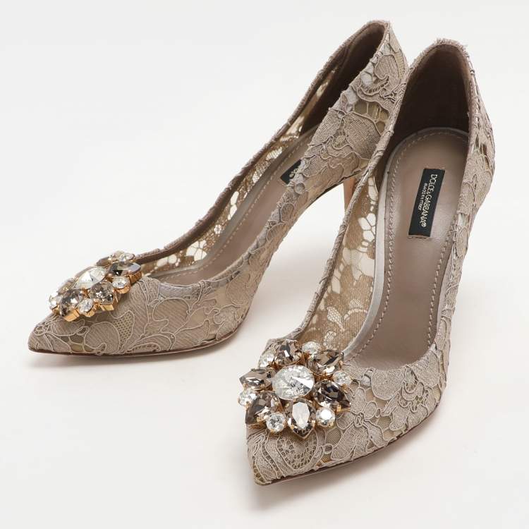 Pre Owned Dolce & Gabbana Beige Lace Bellucci Crystal Embellished Pointed Toe Pumps Size 38