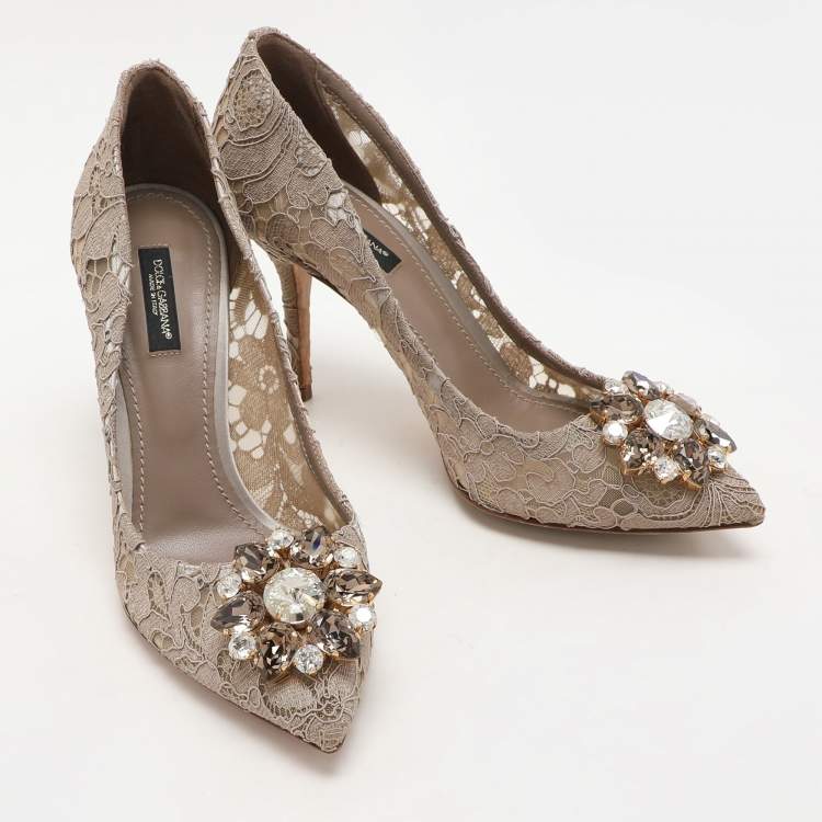 Pre Owned Dolce & Gabbana Beige Lace Bellucci Crystal Embellished Pointed Toe Pumps Size 38