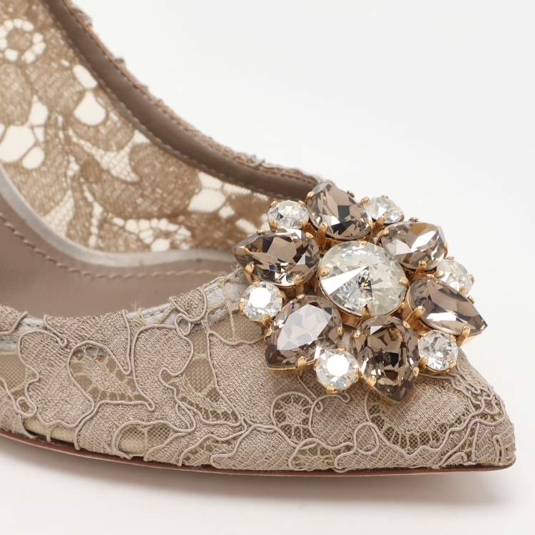 Pre Owned Dolce & Gabbana Beige Lace Bellucci Crystal Embellished Pointed Toe Pumps Size 38