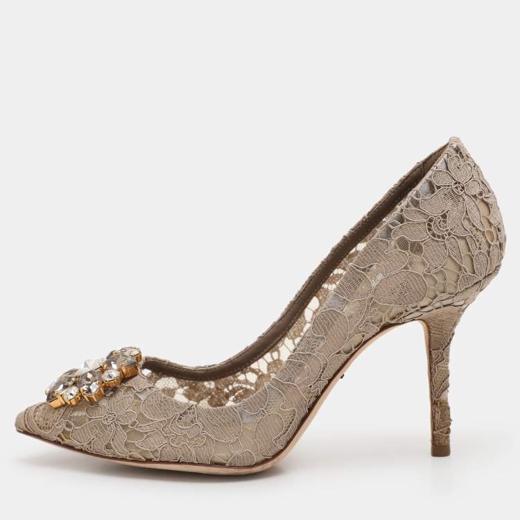 Pre Owned Dolce & Gabbana Beige Lace Bellucci Crystal Embellished Pointed Toe Pumps Size 38