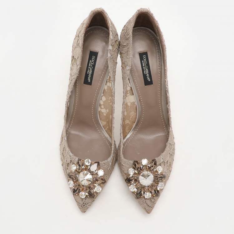 Pre Owned Dolce & Gabbana Beige Lace Bellucci Crystal Embellished Pointed Toe Pumps Size 38