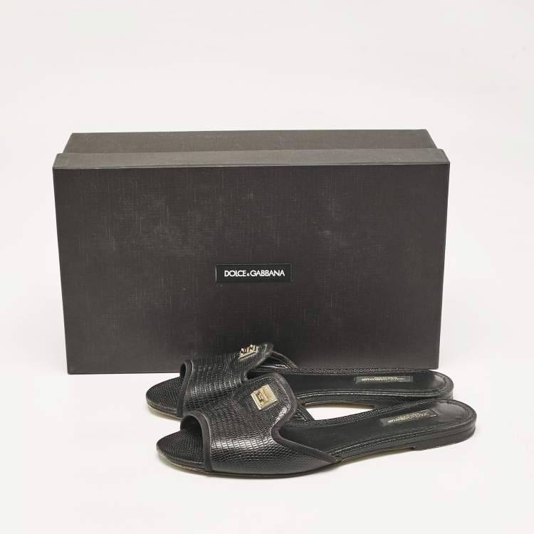 Pre Owned Dolce & Gabbana Black Embossed Leather Sofia Flat Slide Sandals Size 37