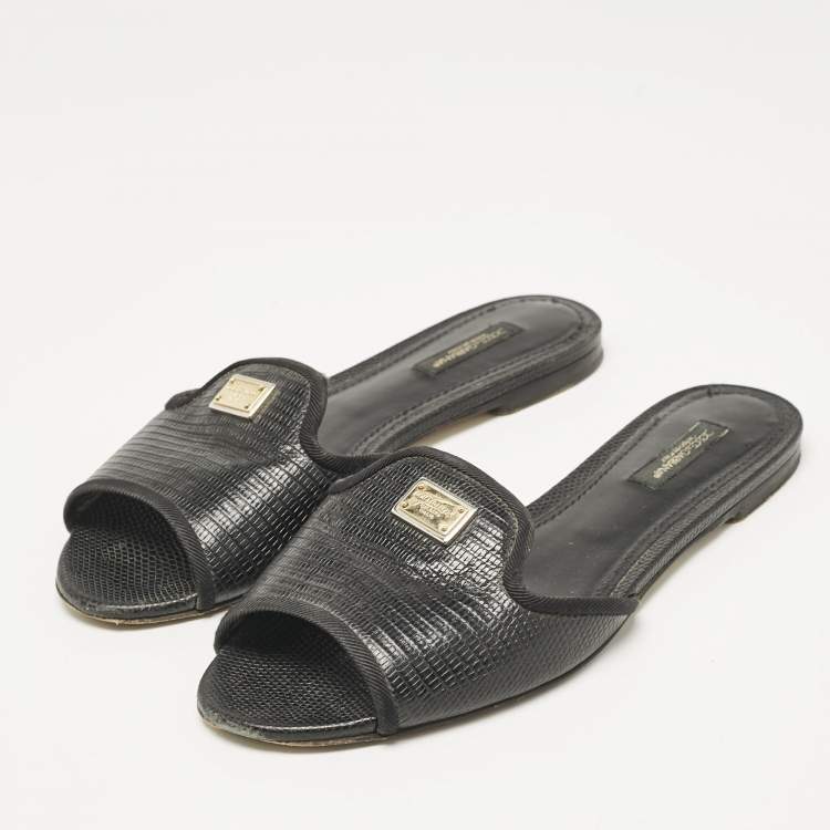 Pre Owned Dolce & Gabbana Black Embossed Leather Sofia Flat Slide Sandals Size 37