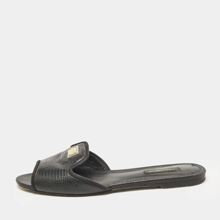 Pre Owned Dolce & Gabbana Black Embossed Leather Sofia Flat Slide Sandals Size 37